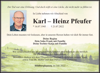 Traueranzeige von Karl-Heinz Pfeufer von Südthüringer Presse