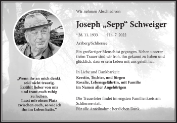 Traueranzeige von Joseph Schweiger von Frankenpost