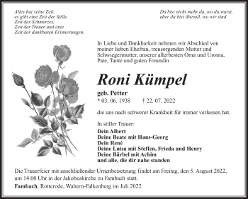 Traueranzeige von Roni Kümpel von Südthüringer Presse