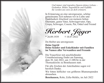 Traueranzeige von Herbert Jäger von Südthüringer Presse