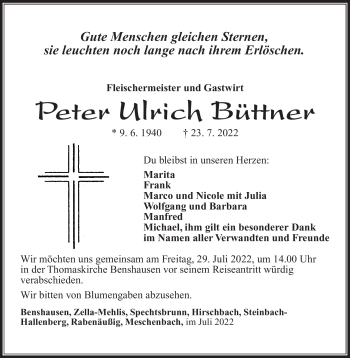 Traueranzeige von Peter Ulrich Büttner von Südthüringer Presse