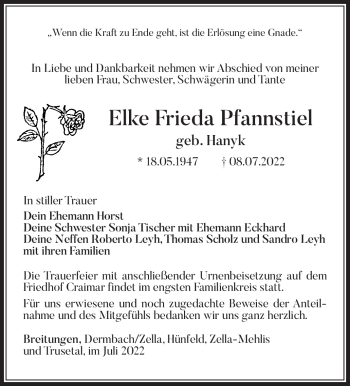 Traueranzeige von Elke Frieda Pfannstiel von Südthüringer Presse