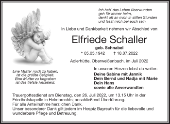 Traueranzeige von Elfriede Schaller von Frankenpost