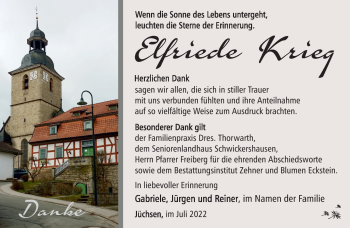 Traueranzeige von Elfriede Krieg von Südthüringer Presse
