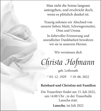 Traueranzeige von Christa Hofmann von Südthüringer Presse
