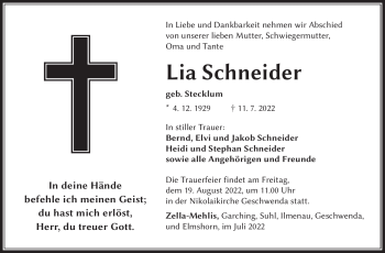 Traueranzeige von Lia Schneider von Südthüringer Presse