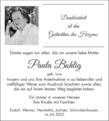 Traueranzeige von Paula Bohlig von Südthüringer Presse