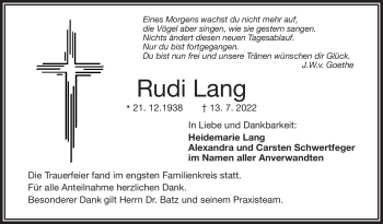 Traueranzeige von Rudi Lang von Frankenpost