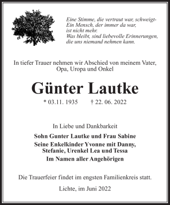 Traueranzeige von Günter Lautke von Südthüringer Presse