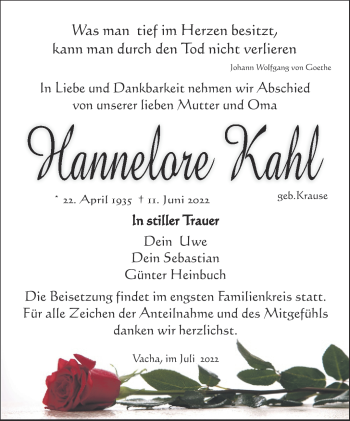 Traueranzeige von Hannelore Kahl von Südthüringer Presse