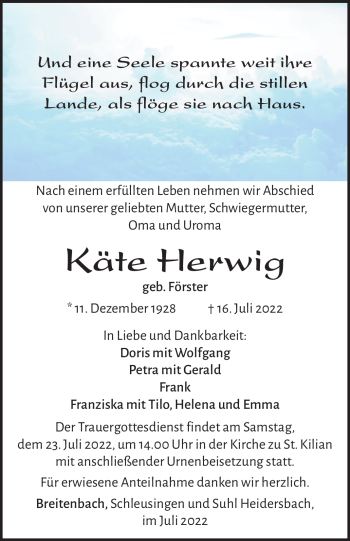 Traueranzeige von Käte Herwig von Südthüringer Presse