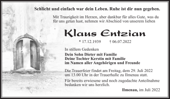 Traueranzeige von Klaus Entzian von Südthüringer Presse