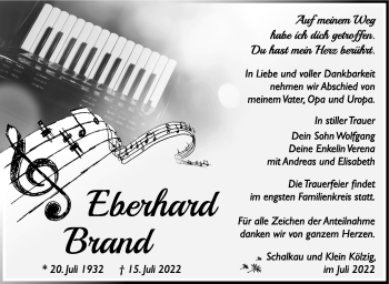 Traueranzeige von Eberhard Brand von Südthüringer Presse