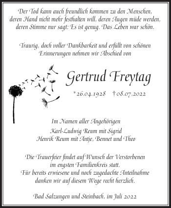 Traueranzeige von Gertrud Freytag von Südthüringer Presse