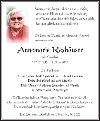 Traueranzeige von Annemarie Rexhäuser von Südthüringer Presse