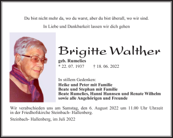 Traueranzeige von Brigitte Walter von Südthüringer Presse