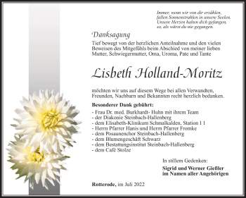 Traueranzeige von Lisbeth Holland-Moritz von Südthüringer Presse