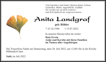 Traueranzeige von Anita Landgraf von Südthüringer Presse