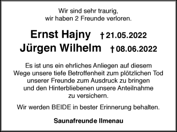 Traueranzeige von Ernst Hajny von Südthüringer Presse