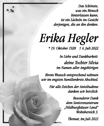 Traueranzeige von Erika Hegler von Südthüringer Presse