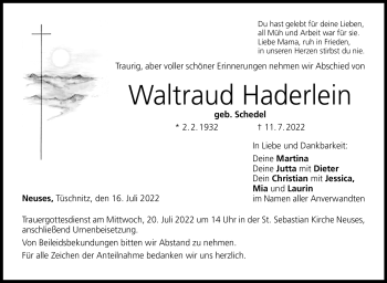 Traueranzeige von Waltraud Haderlein von Neue Presse Coburg
