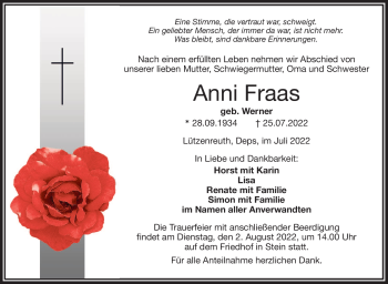 Traueranzeige von Anni Fraas von Frankenpost