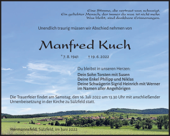 Traueranzeige von Manfred Kuch von Südthüringer Presse
