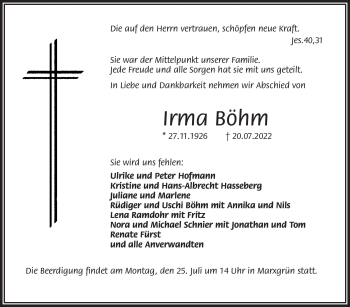 Traueranzeige von Irma Böhm von Frankenpost