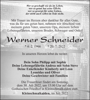 Traueranzeige von Werner Schneider von Südthüringer Presse