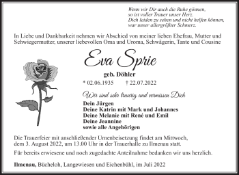 Traueranzeige von Eva Sprie von Südthüringer Presse