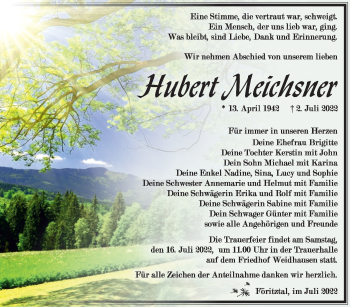 Traueranzeige von Hubert Meichsner von Südthüringer Presse