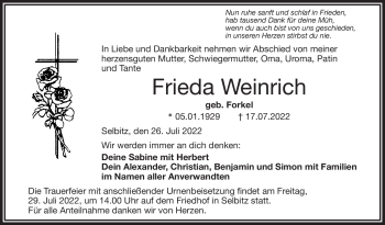 Traueranzeige von Frieda Weinrich von Frankenpost