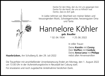 Traueranzeige von Hanna Köhler von Neue Presse Coburg