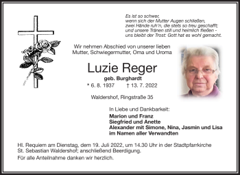 Traueranzeige von Luzie Reger von Frankenpost