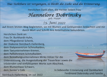 Traueranzeige von Hannelore Dobrinsky von Südthüringer Presse