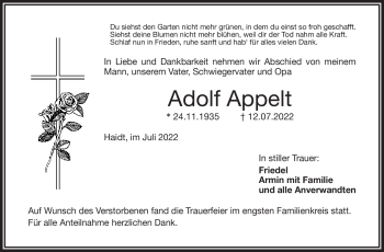 Traueranzeige von Adolf Appelt von Frankenpost