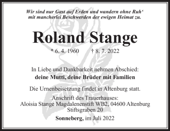 Traueranzeige von Roland Stange von Südthüringer Presse