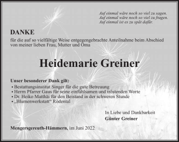 Traueranzeige von Heidemarie Greiner von Südthüringer Presse