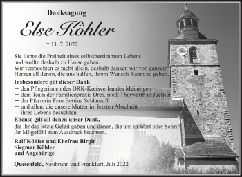 Traueranzeige von Else Köhler von Südthüringer Presse