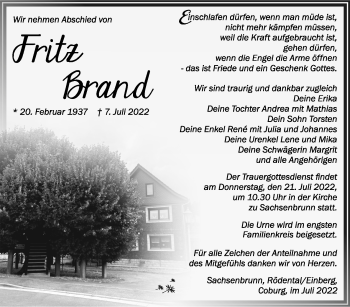 Traueranzeige von Fritz Brand von Südthüringer Presse