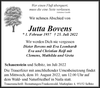 Traueranzeige von Jutta Bovens von Frankenpost