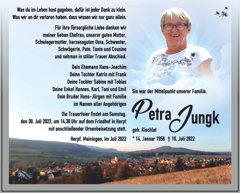  Traueranzeige für Petra Jungk vom 23.07.2022 aus Südthüringer Presse