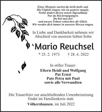 Traueranzeige von Mario Reuchsel von Südthüringer Presse