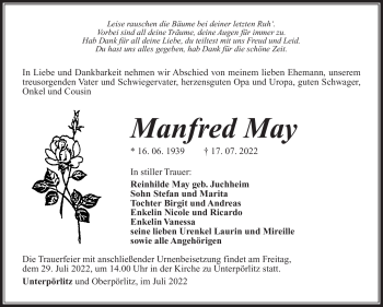Traueranzeige von Manfred May von Südthüringer Presse