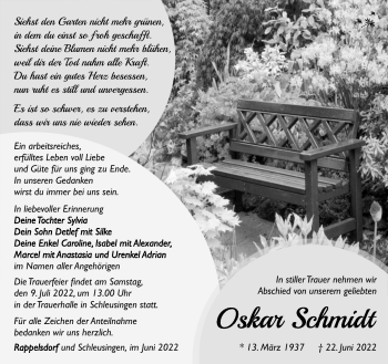 Traueranzeige von Oskar Schmidt von Südthüringer Presse