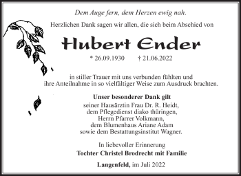 Traueranzeige von Hubert Ender von Südthüringer Presse
