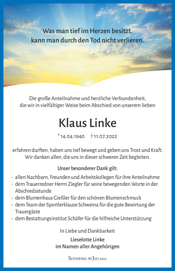 Traueranzeige von Klaus Linke von Südthüringer Presse