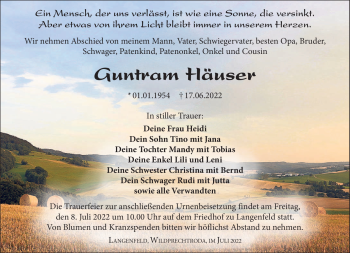 Traueranzeige von Guntram Häuser von Südthüringer Presse