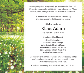Traueranzeige von Klaus Adam von Südthüringer Presse