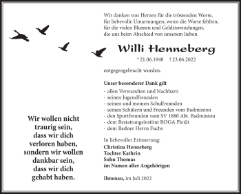 Traueranzeige von Willi Henneberg von Südthüringer Presse